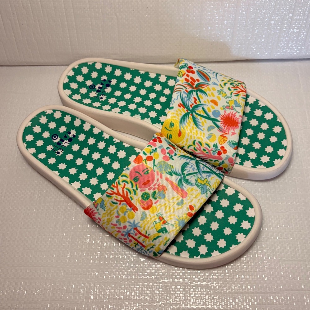 Roller Rabbit Target Slide Sandals Tropical Print Green Star Footbed Womens 10